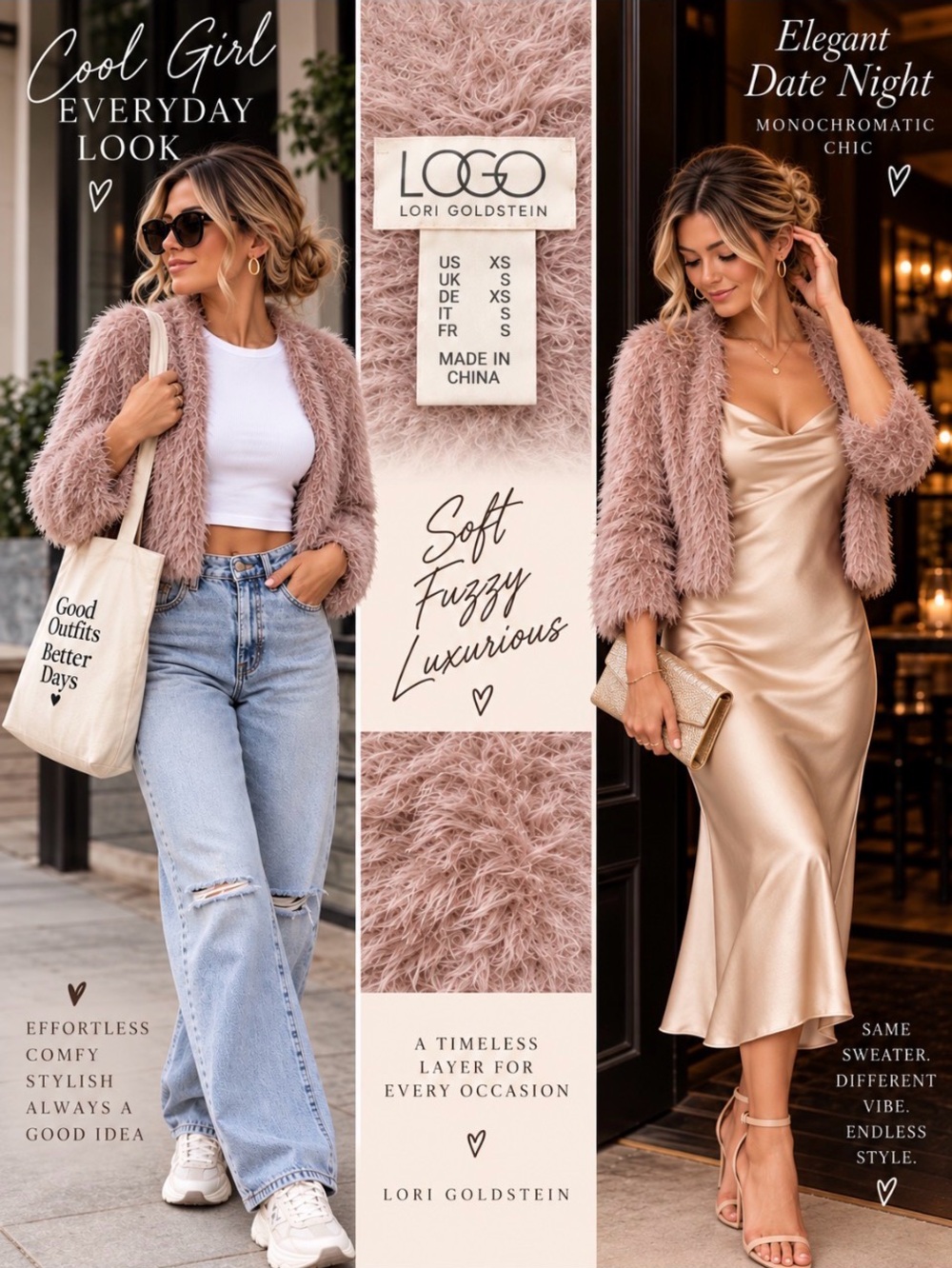 LOGO by Lori Goldstein Eyelash Shaggy Knit Open Front Cardigan Mauve Pink XS
